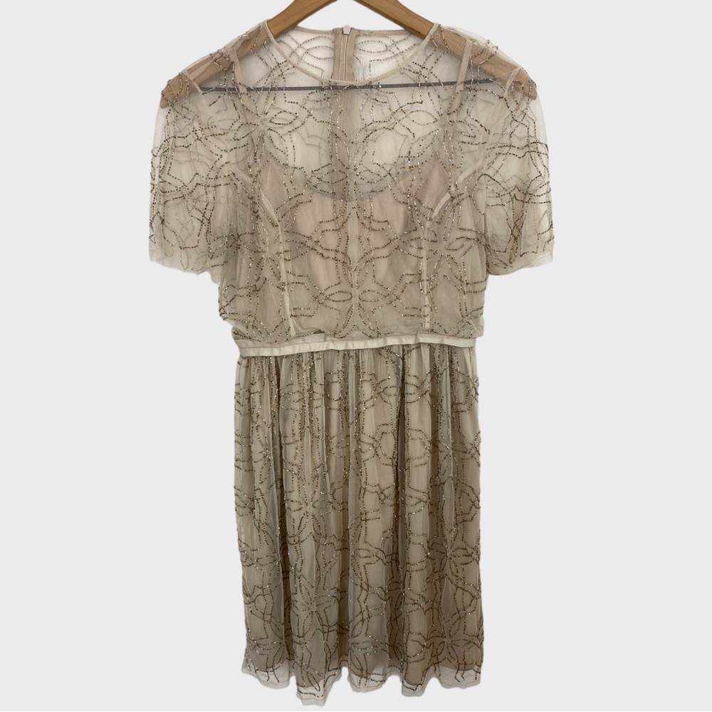 Needle & Thread Light Taupe Tulle Beaded Geo Mini Dress US size 4